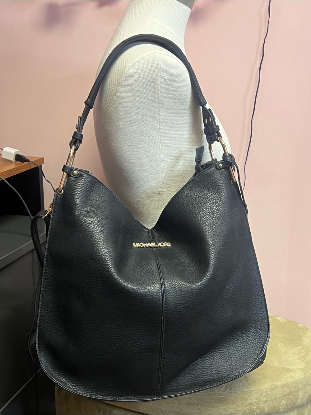 Michael Kors Black Pebbled Leather Hobo with Gold Hardware